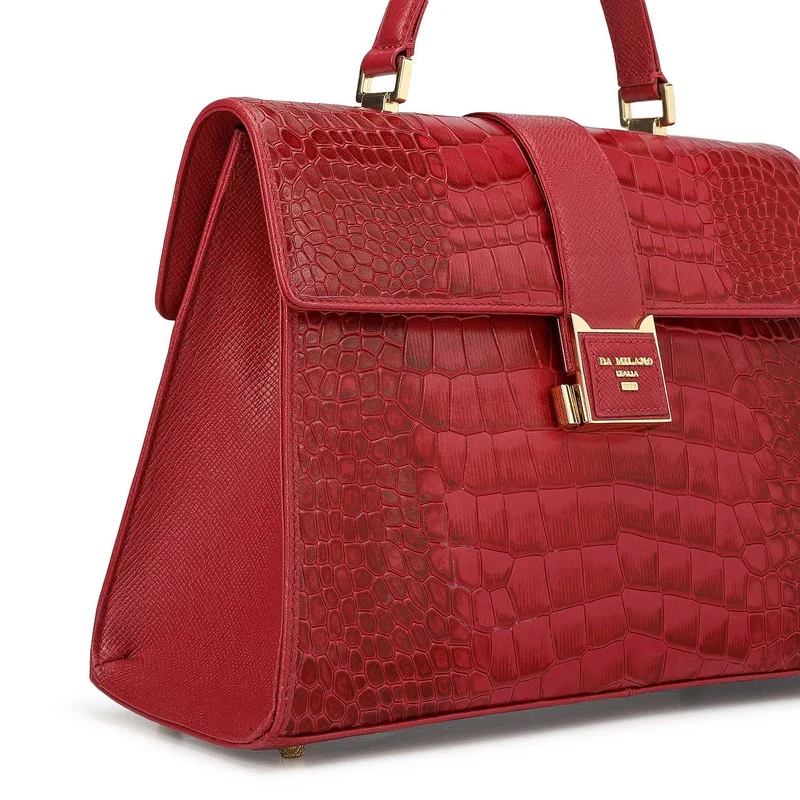 Da Milano Plumberry Medium Croco Leather Satchel - Plumberry for Women | Best Price UAE